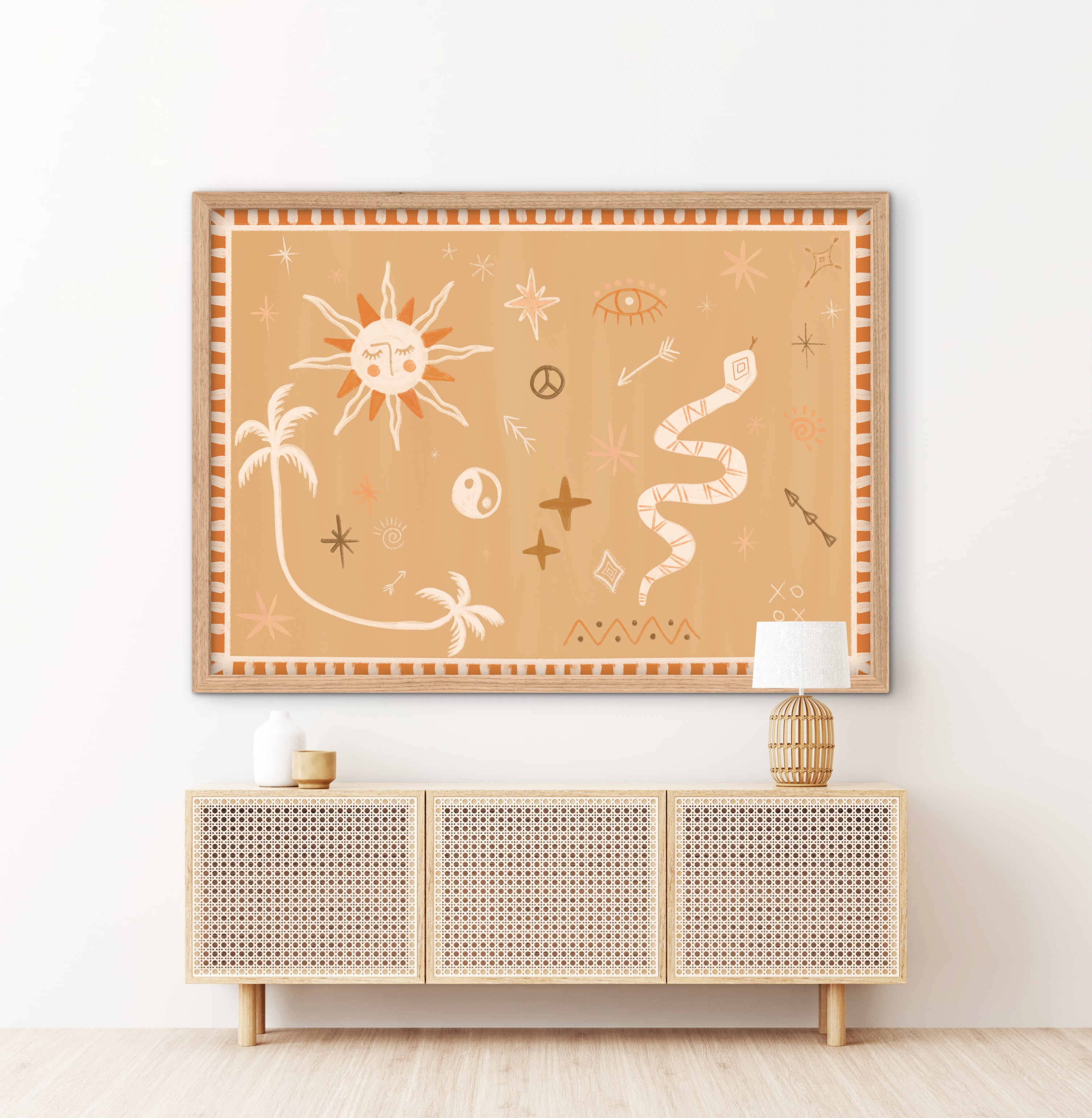 Australian boho art print with snake, sun motifs and double-headed palm tree – Land Down Under