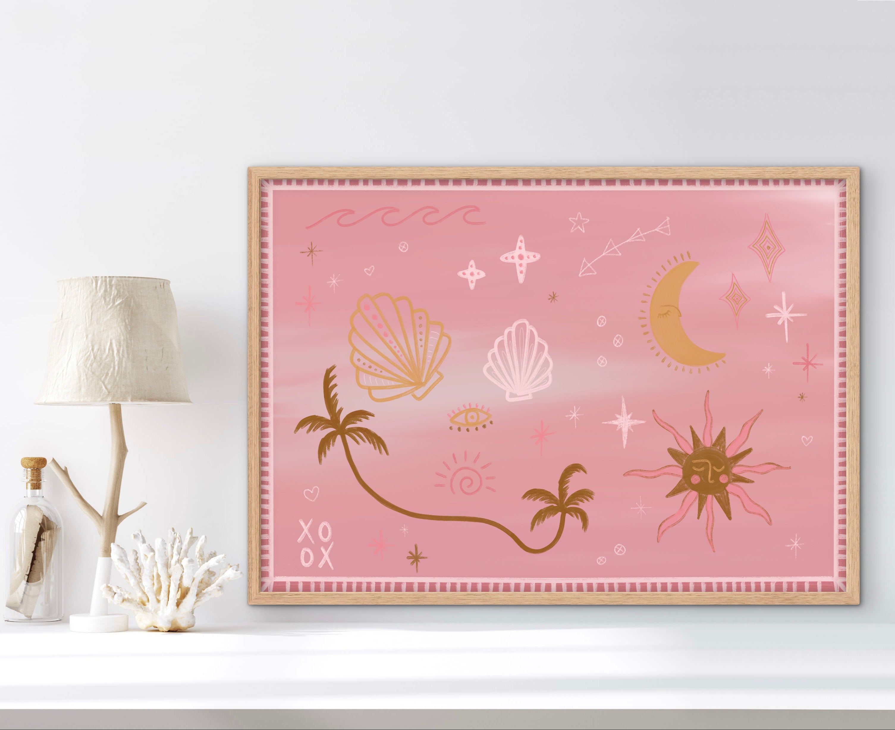 Pink boho coastal art print with stars, shells and palm tree – Desert Star
